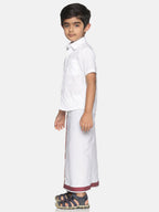 Sethukrishna Boys White & Red Pure Cotton Solid Shirt and Veshti Set | Grocsy
