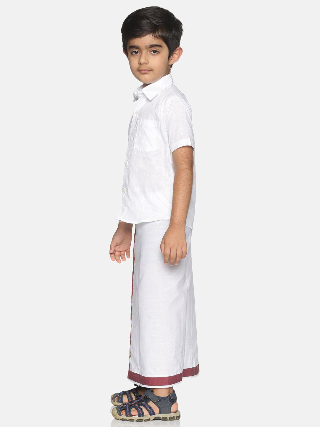 Sethukrishna Boys White & Red Pure Cotton Solid Shirt and Veshti Set | Grocsy