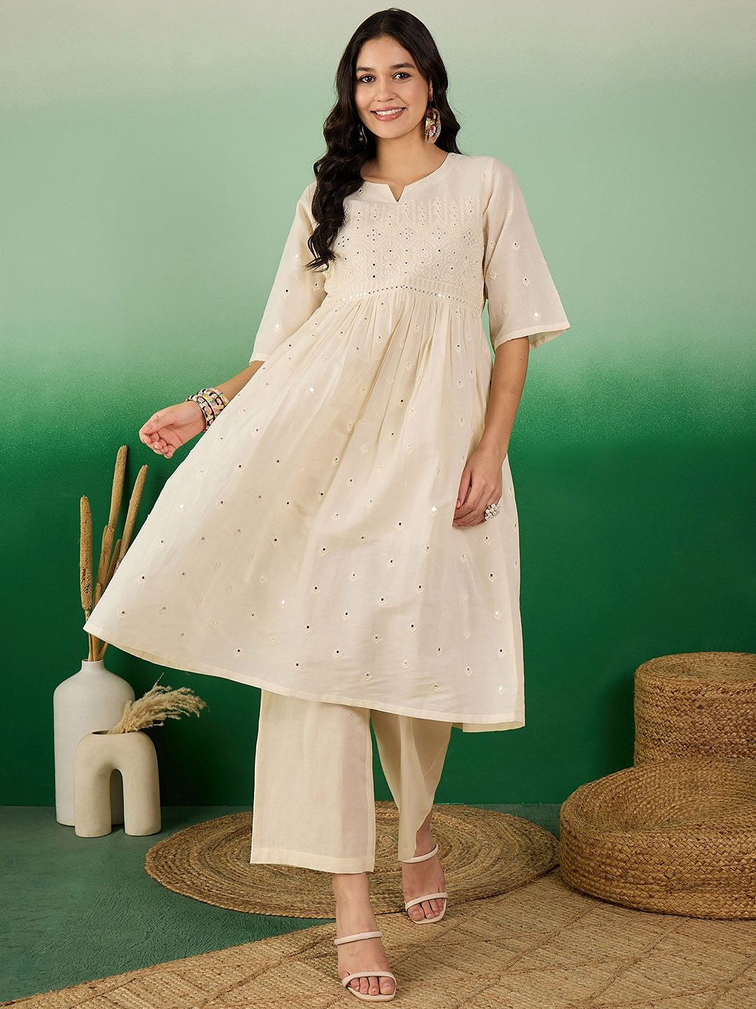 Sangria Off White Floral Embroidered Mirror Work Pure Cotton Anarkali Kurta Set | Grocsy