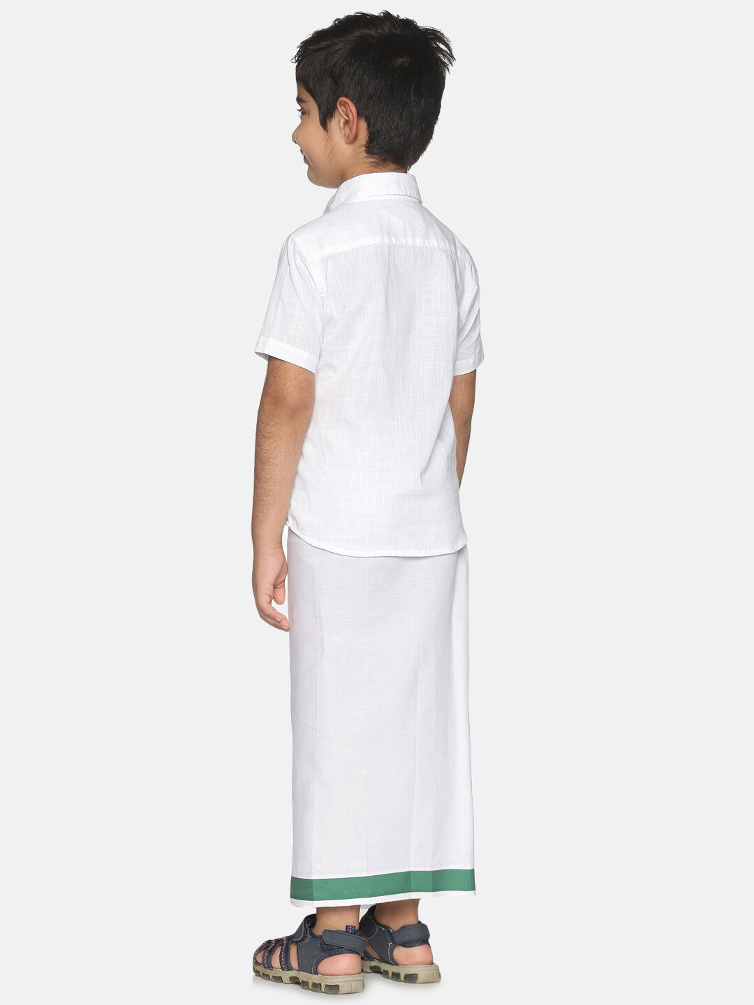 Sethukrishna Boys White & Green Pure Cotton Shirt with Dhoti | Grocsy