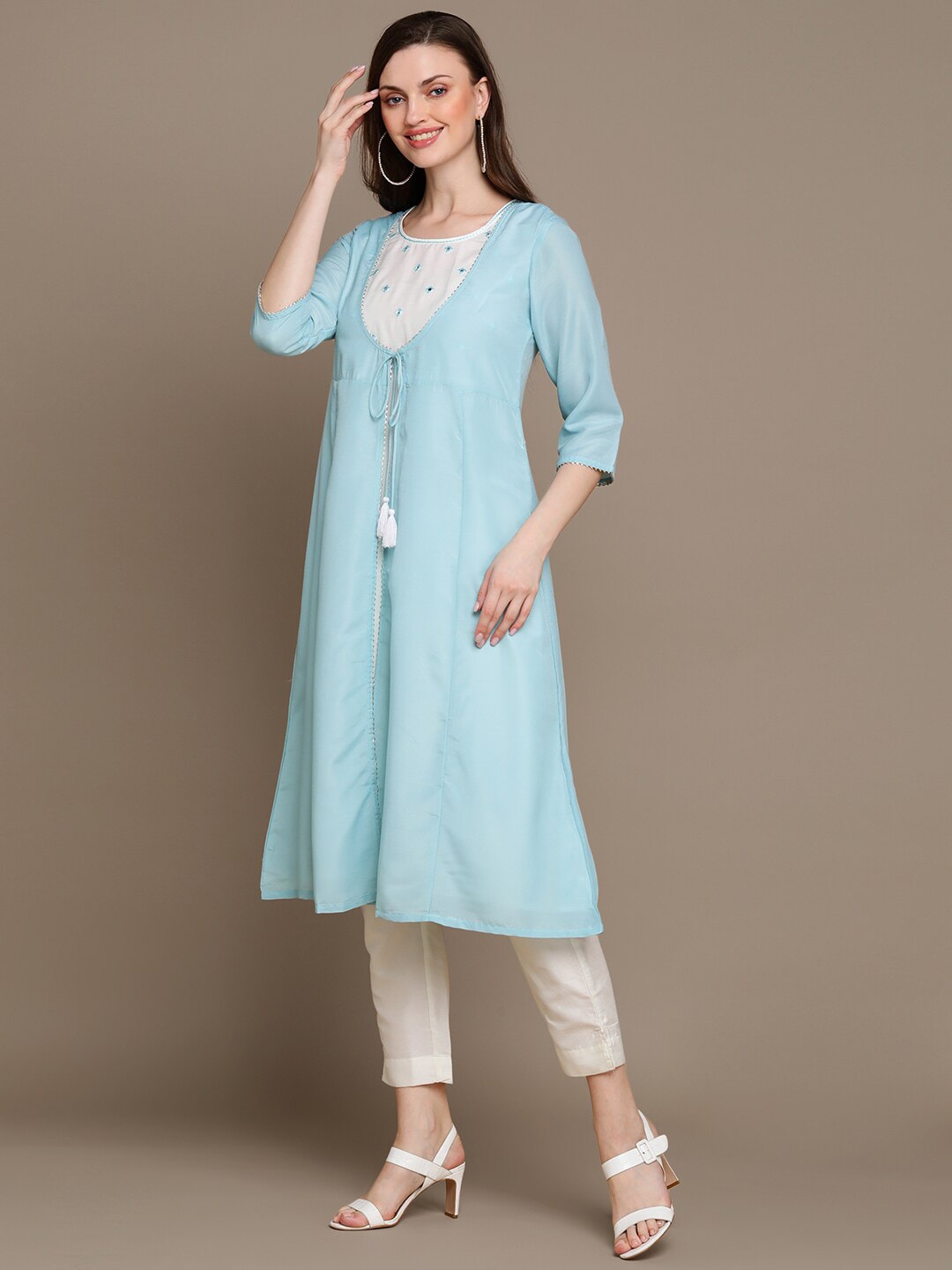 HERE&NOW Embroidered Mirror Work A-Line Kurta | Grocsy