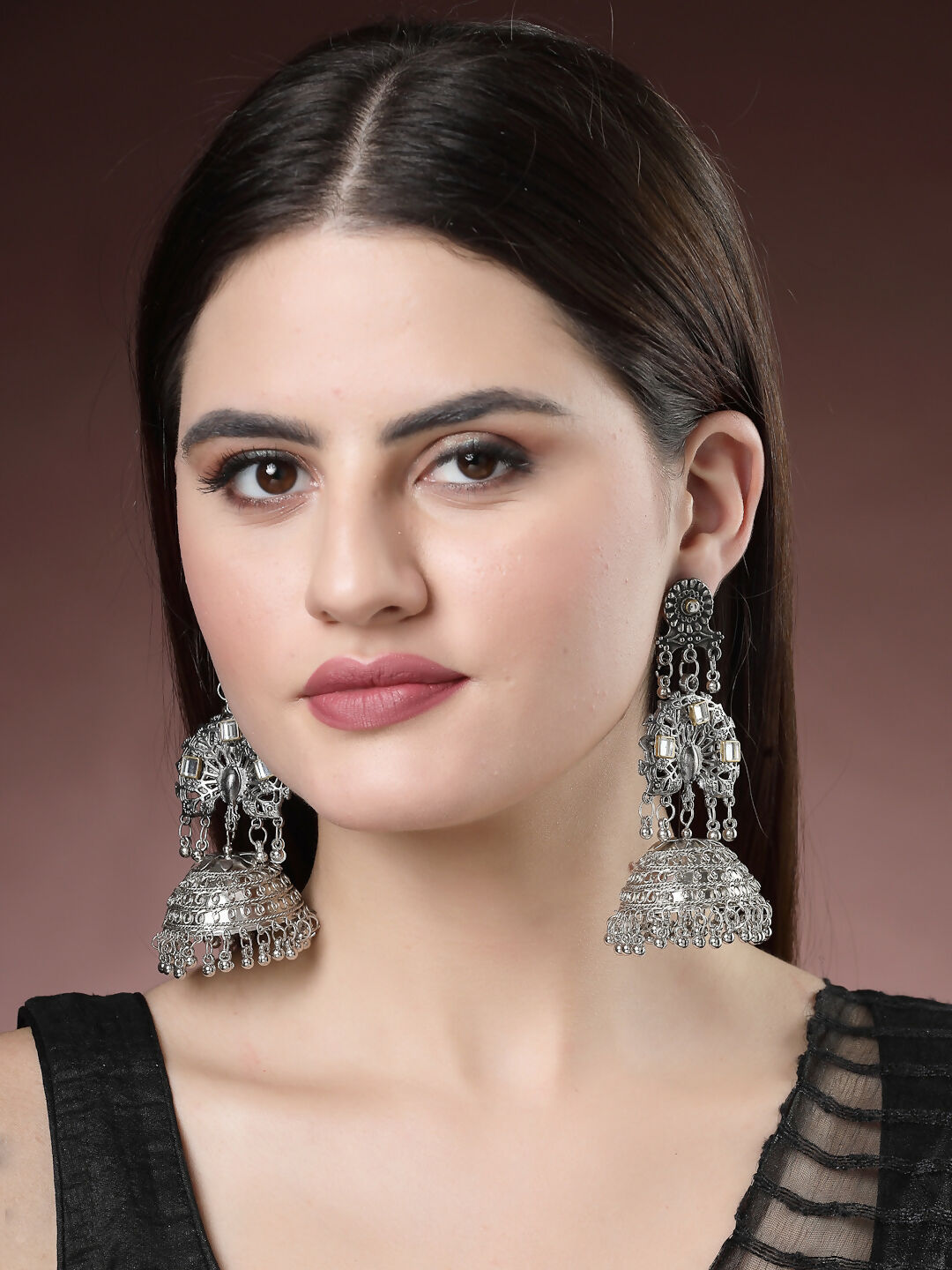 NVR Women's Silver Plated Mirror Work Oxidised Contemporary Jhumka Earrings | Grocsy