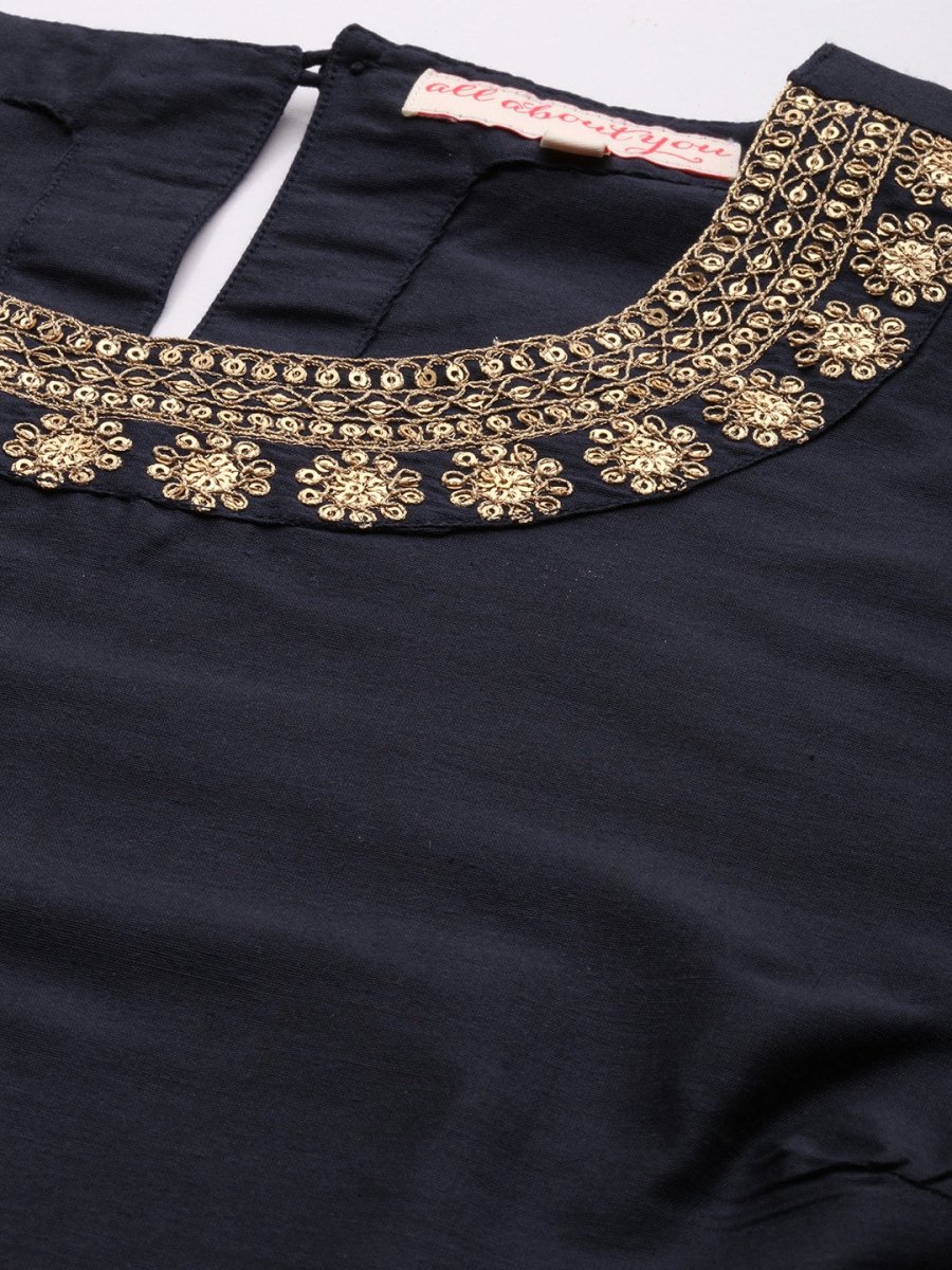 All About You Women Navy Blue & Golden Satin Finish Kurta with Trousers & With Dupatta | Grocsy