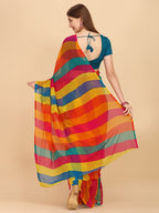 Sangria Yellow & Turquoise Blue Colourblocked Pure Chiffon Saree | Grocsy