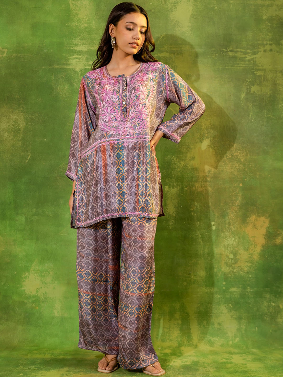 HOUSE OF KARI Floral Embroidered Regular Chikankari Straight Kurta with Palazzos | Grocsy