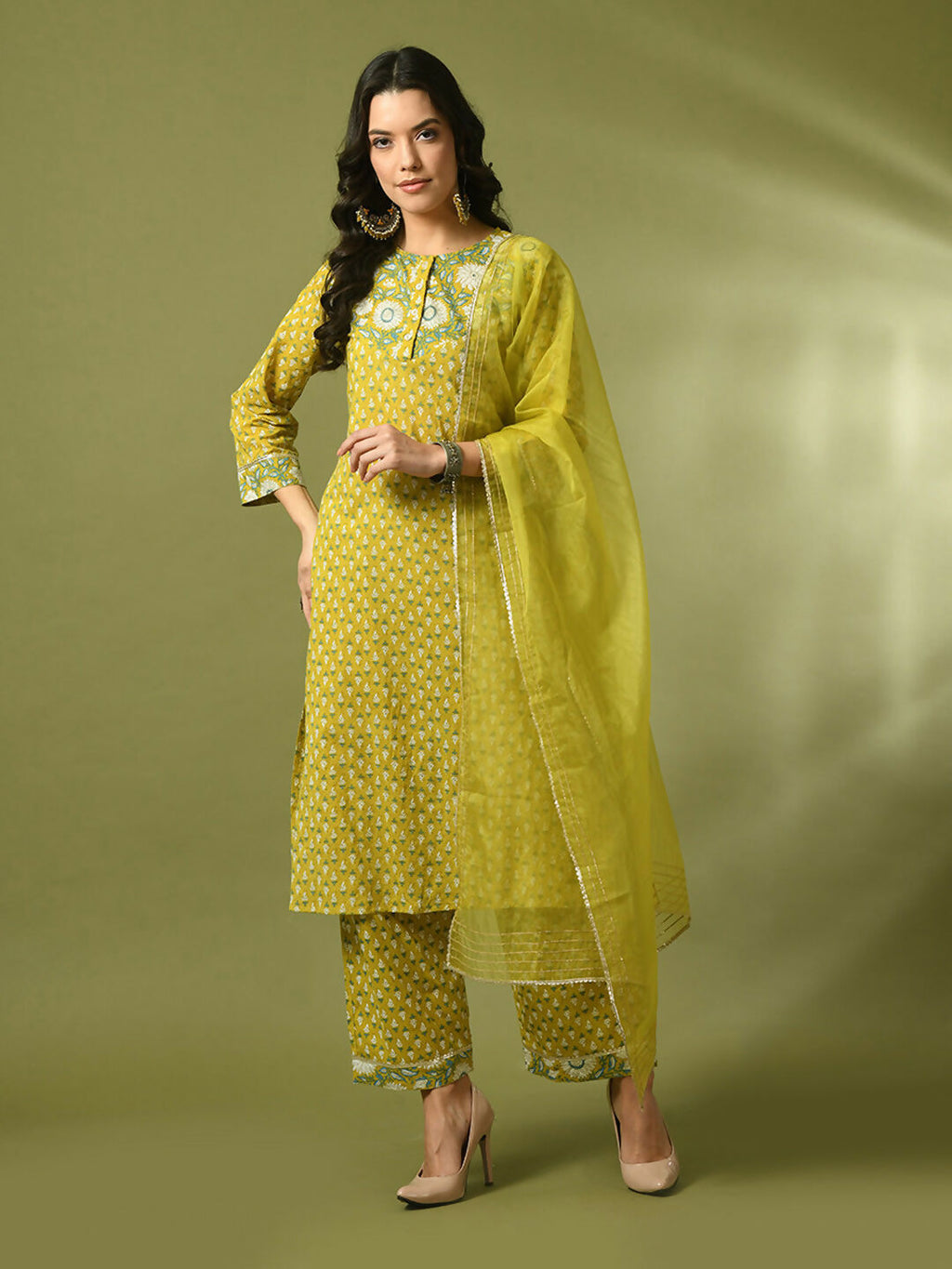 Myshka Women's Yellow Printed Cotton Straight Party Kurta Set With Dupatta | Grocsy