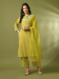 Myshka Women's Yellow Printed Cotton Straight Party Kurta Set With Dupatta | Grocsy