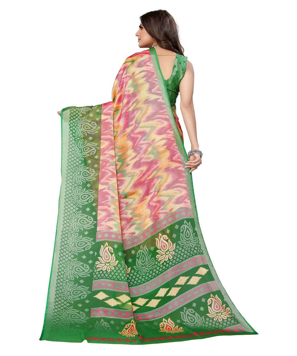 Vamika Pink Chiffon Brasso Bollywood Style Woven Saree (KARUNA GREEN) | Grocsy