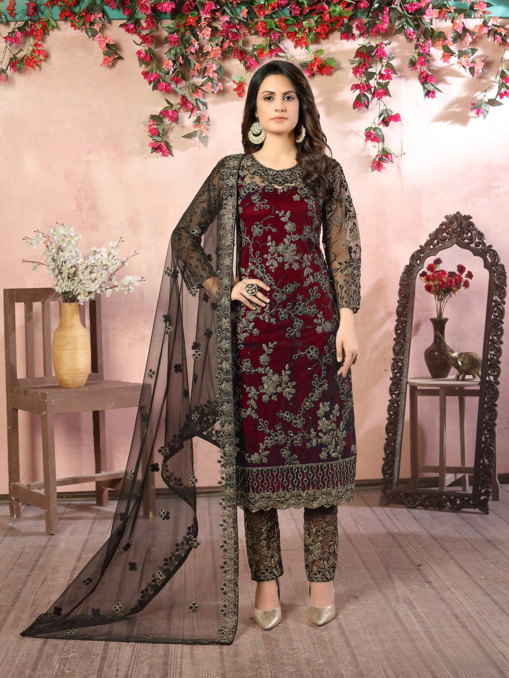 Anaita Maroon Embroidered Net Salwar Suit | Grocsy