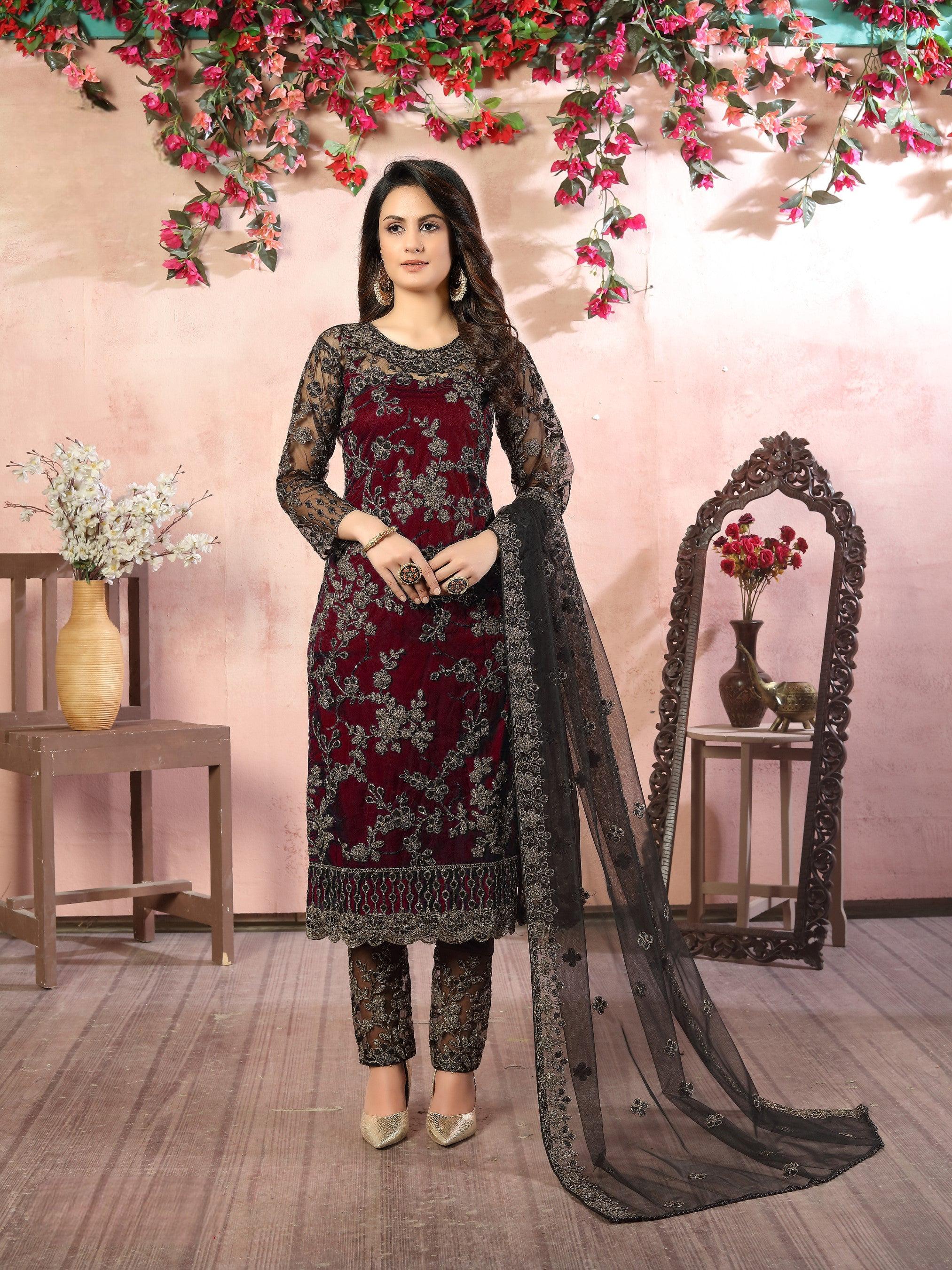 Anaita Maroon Embroidered Net Salwar Suit | Grocsy