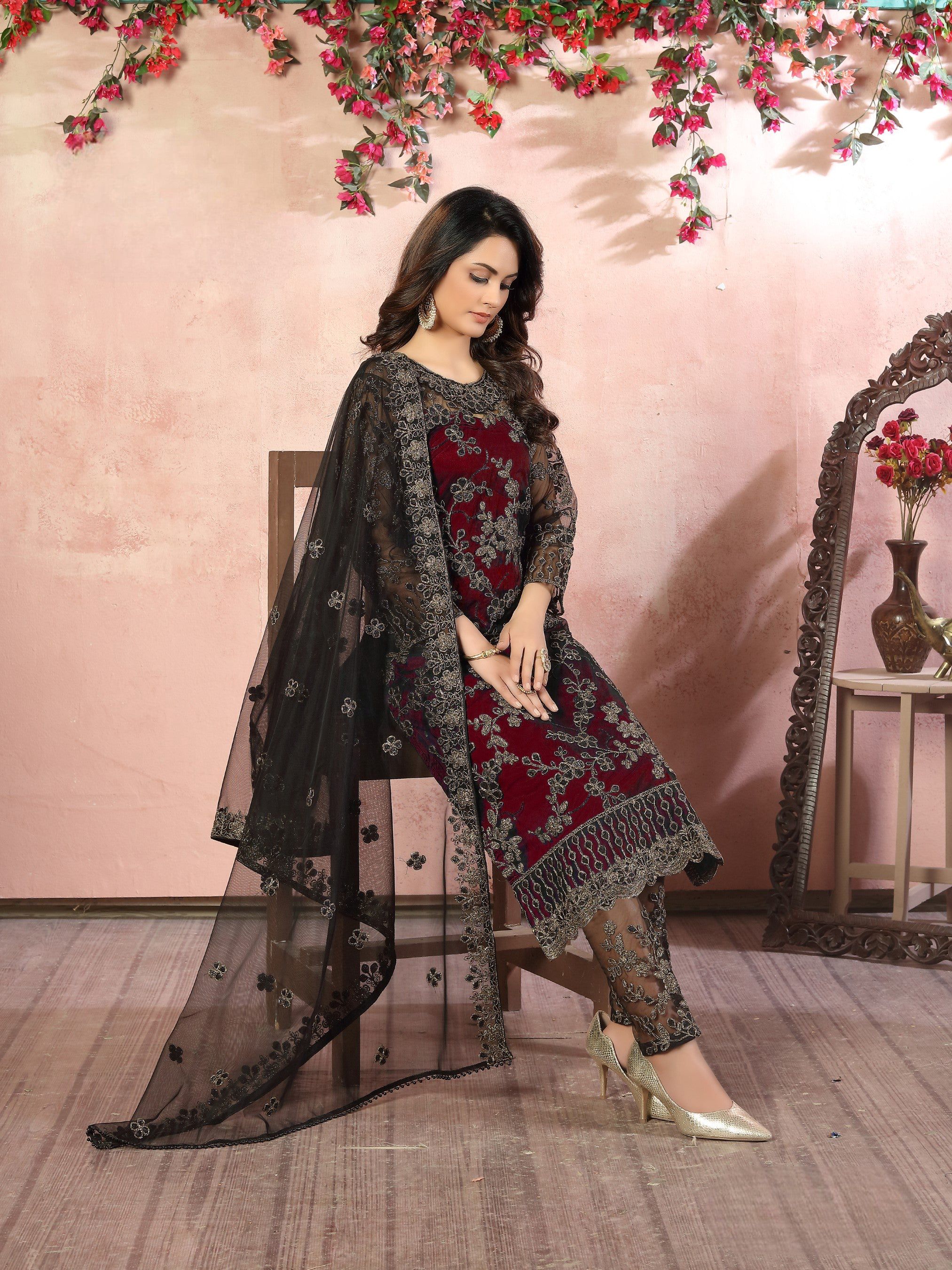 Anaita Maroon Embroidered Net Salwar Suit | Grocsy