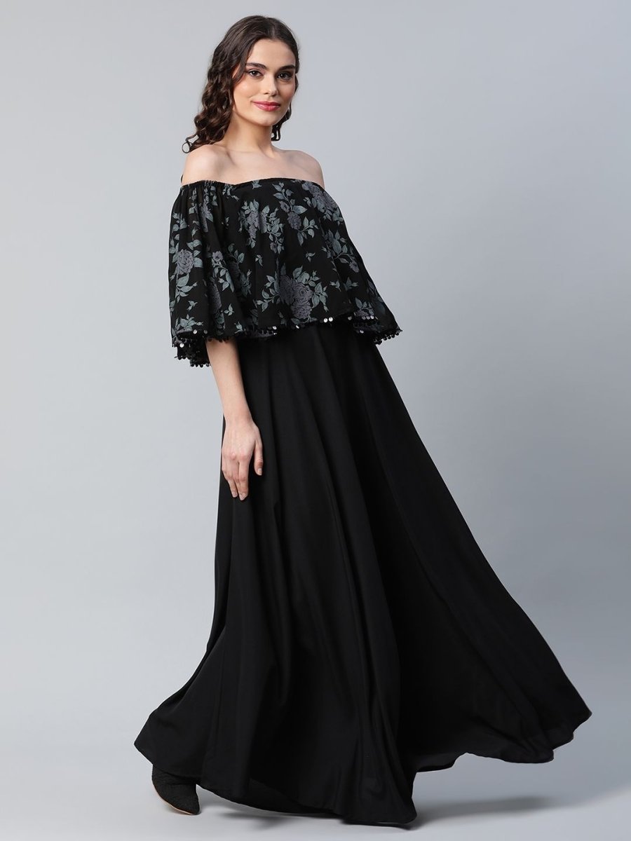 Ahalyaa Women Crepe Printed Black Dress | Grocsy