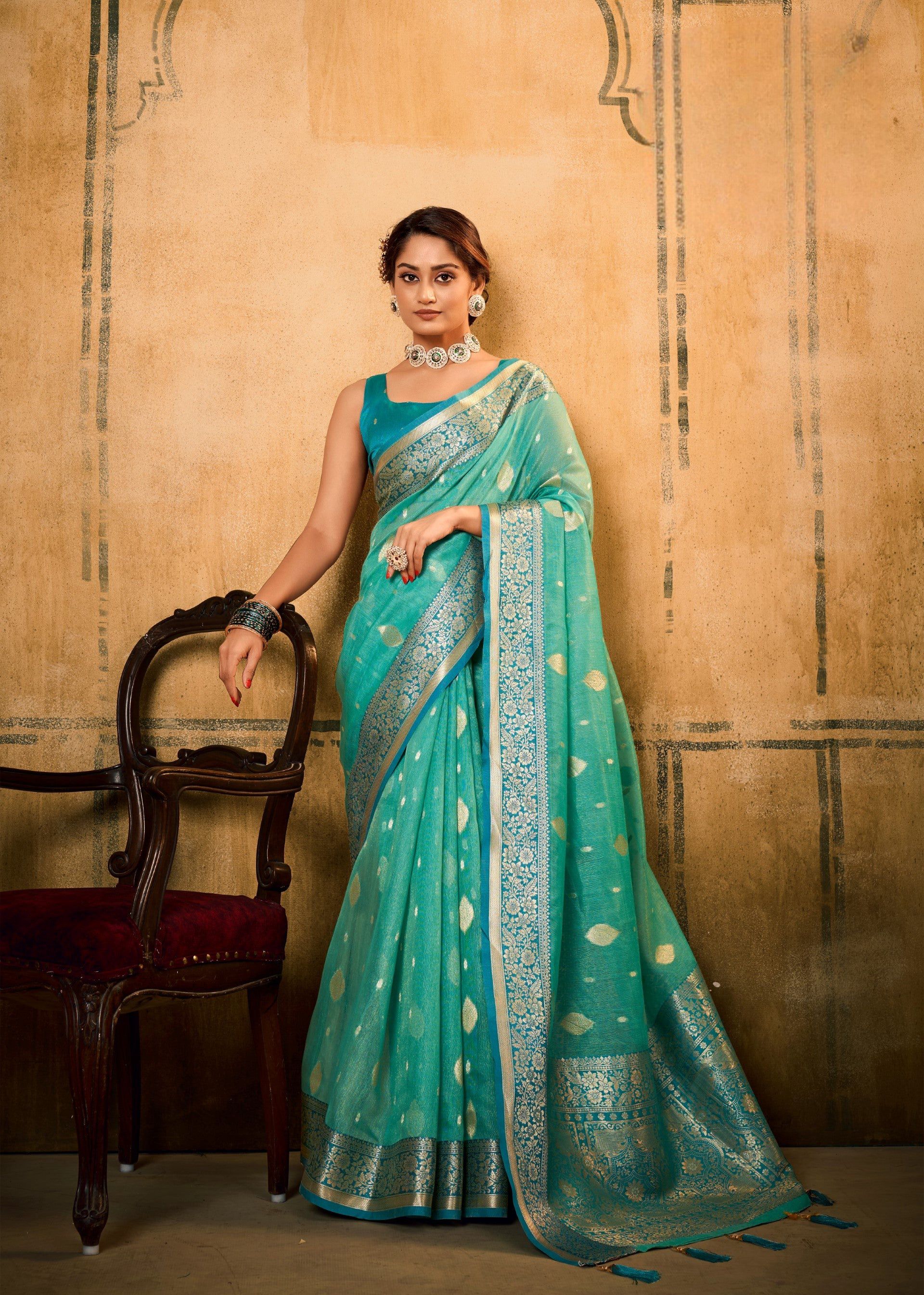 Anaita Turquoise Soft Tussar Silk With Kalamkari Weaving Saree With Blouse | Grocsy