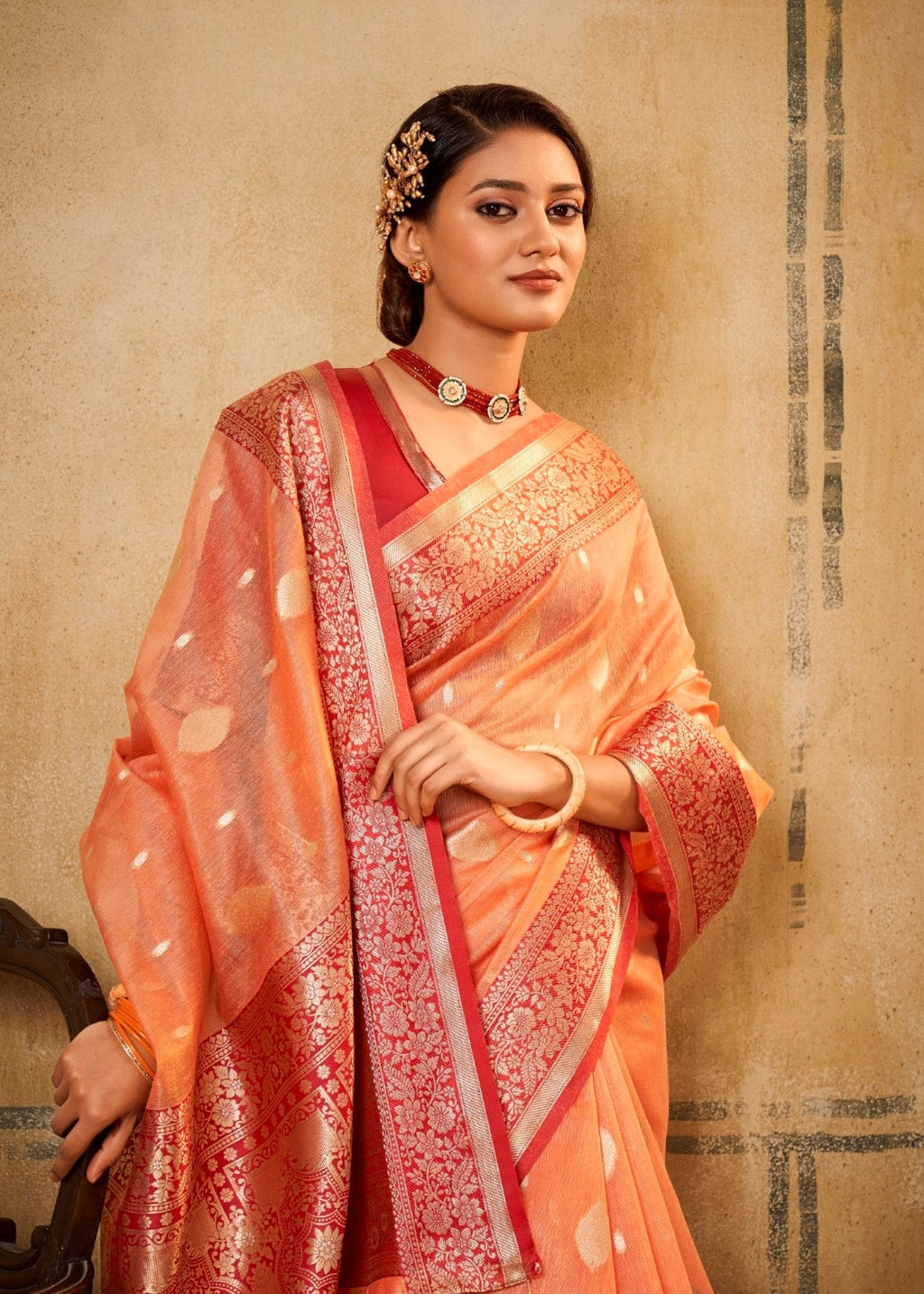 Anaita Orange Soft Tussar Silk With Kalamkari Weaving Saree With Blouse | Grocsy