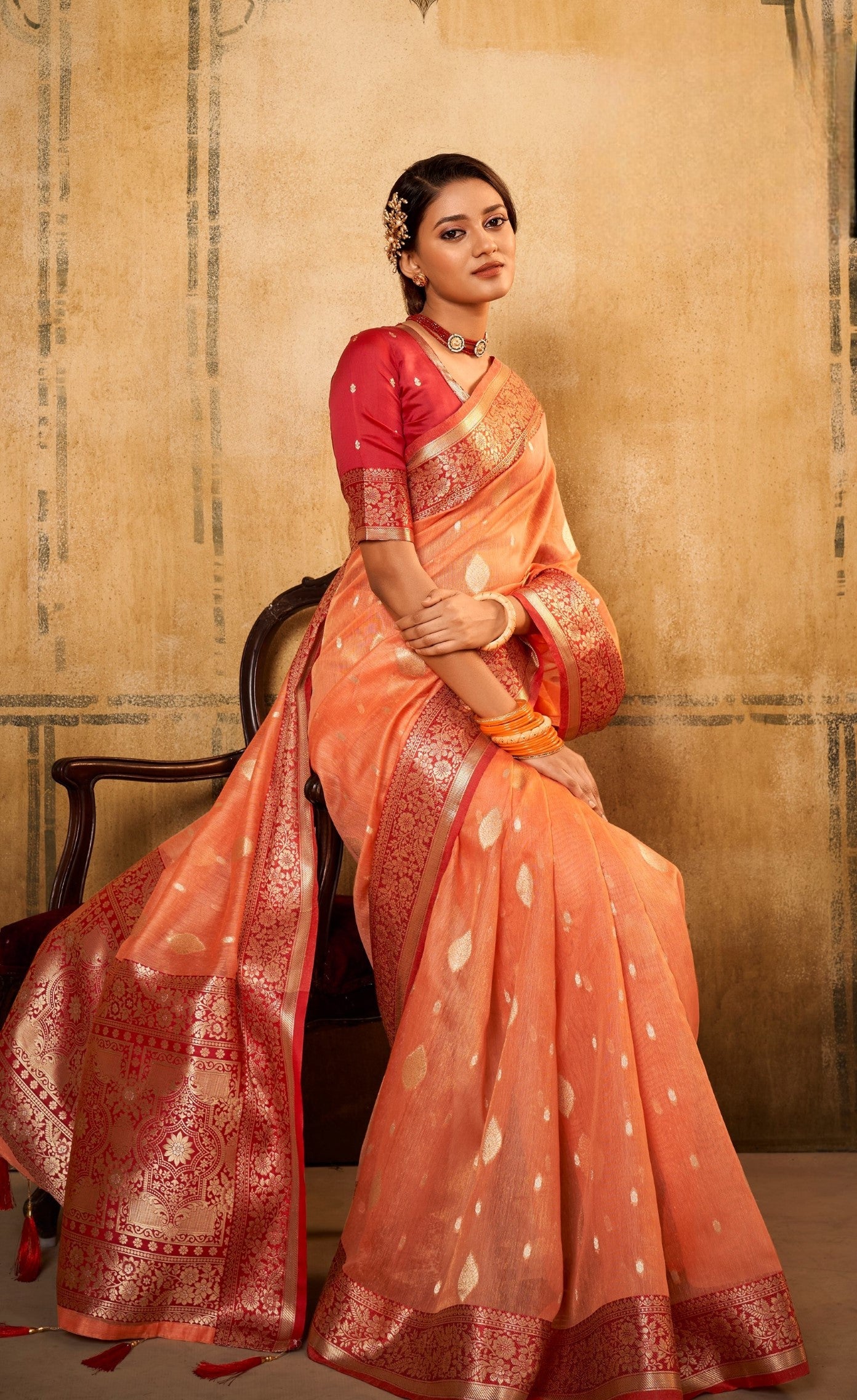 Anaita Orange Soft Tussar Silk With Kalamkari Weaving Saree With Blouse | Grocsy