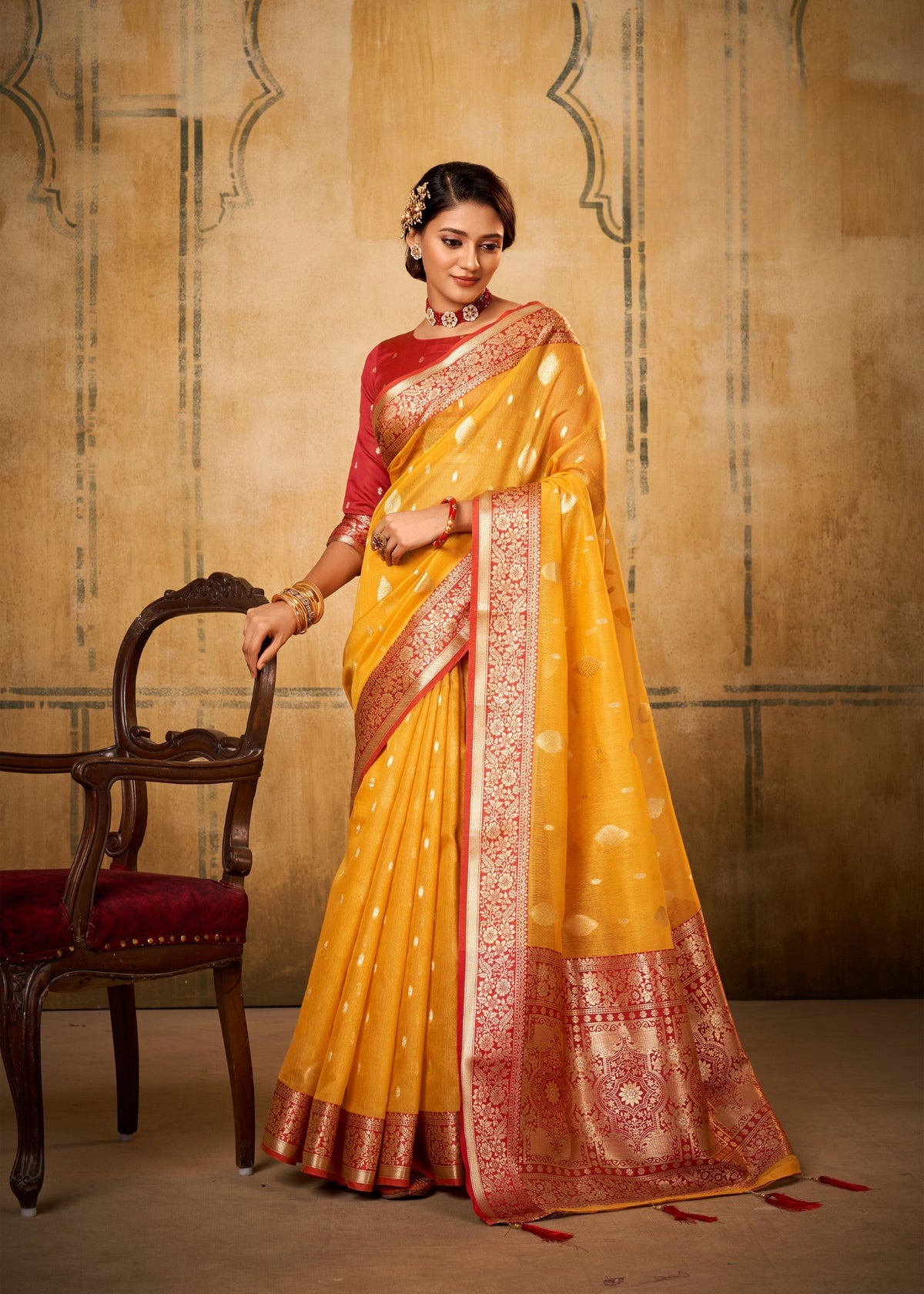 Anaita Yellow Soft Tussar Silk With Kalamkari Weaving Saree With Blouse | Grocsy