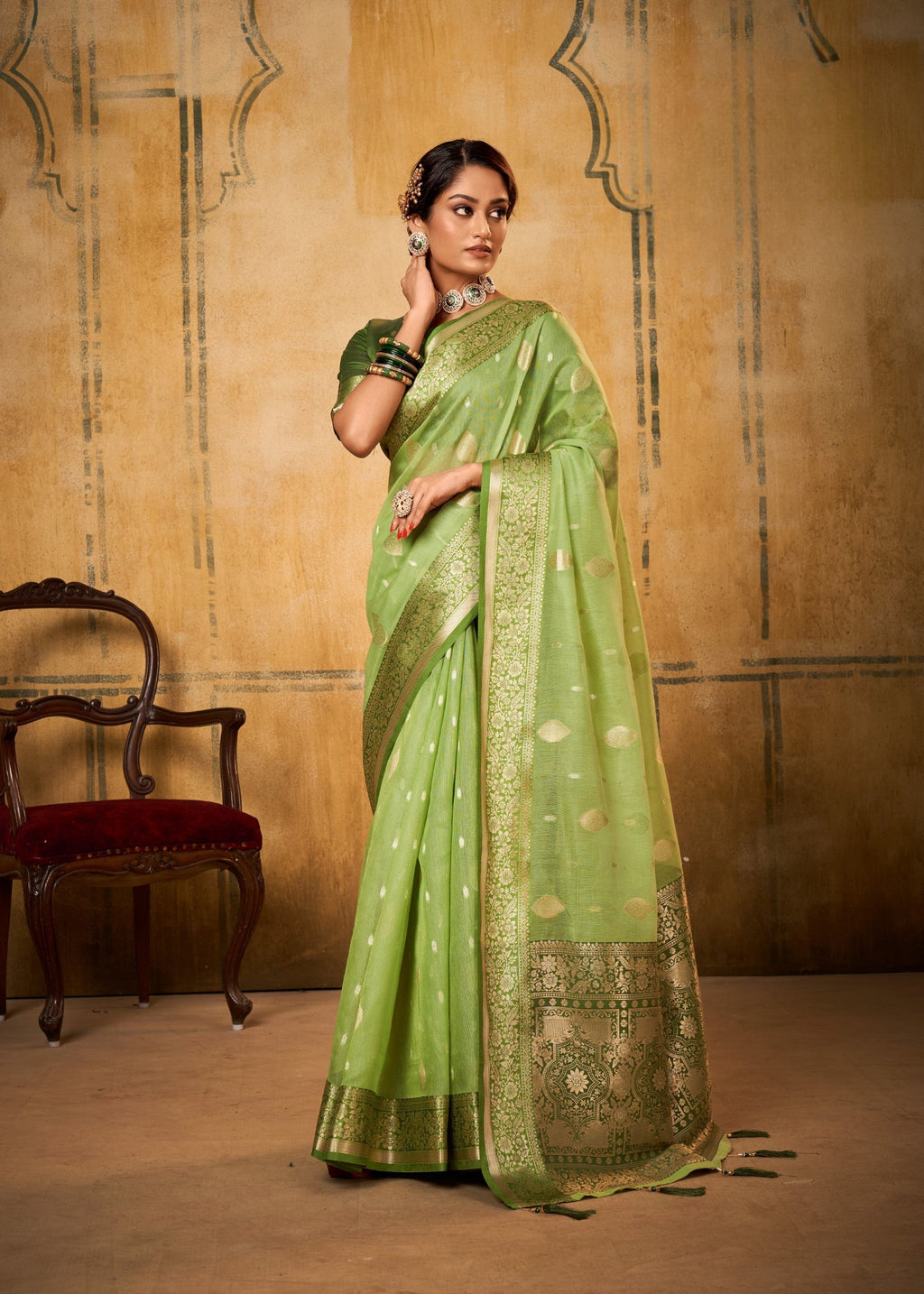 Anaita Green Soft Tussar Silk With Kalamkari Weaving Saree With Blouse | Grocsy