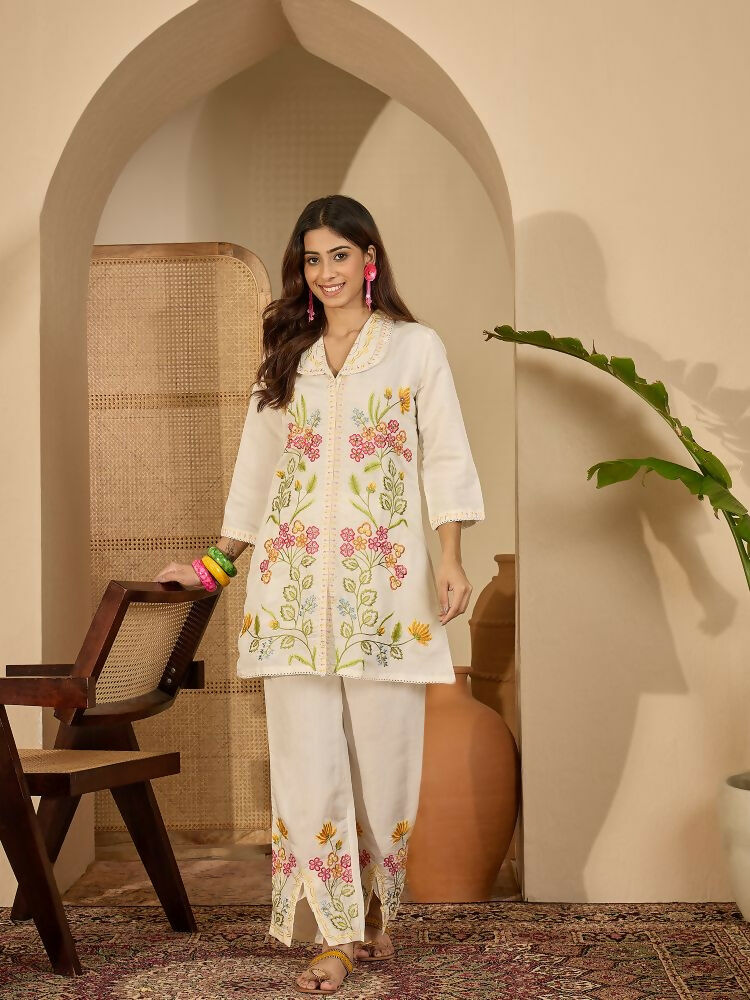 Joban Fashion Women Cream Roman Silk Embroidered Stitched Kurta Set | Grocsy