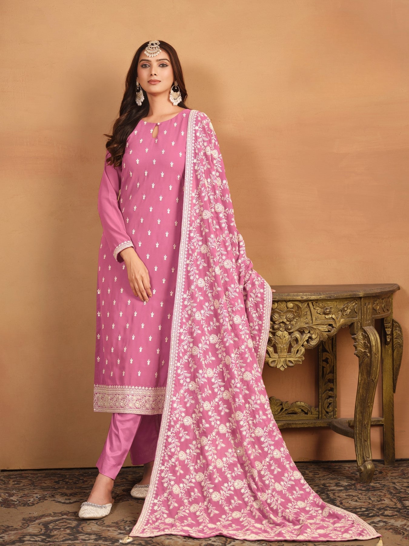 Anaita Pink Embroidered Faux Georgette Salwar Suit | Grocsy
