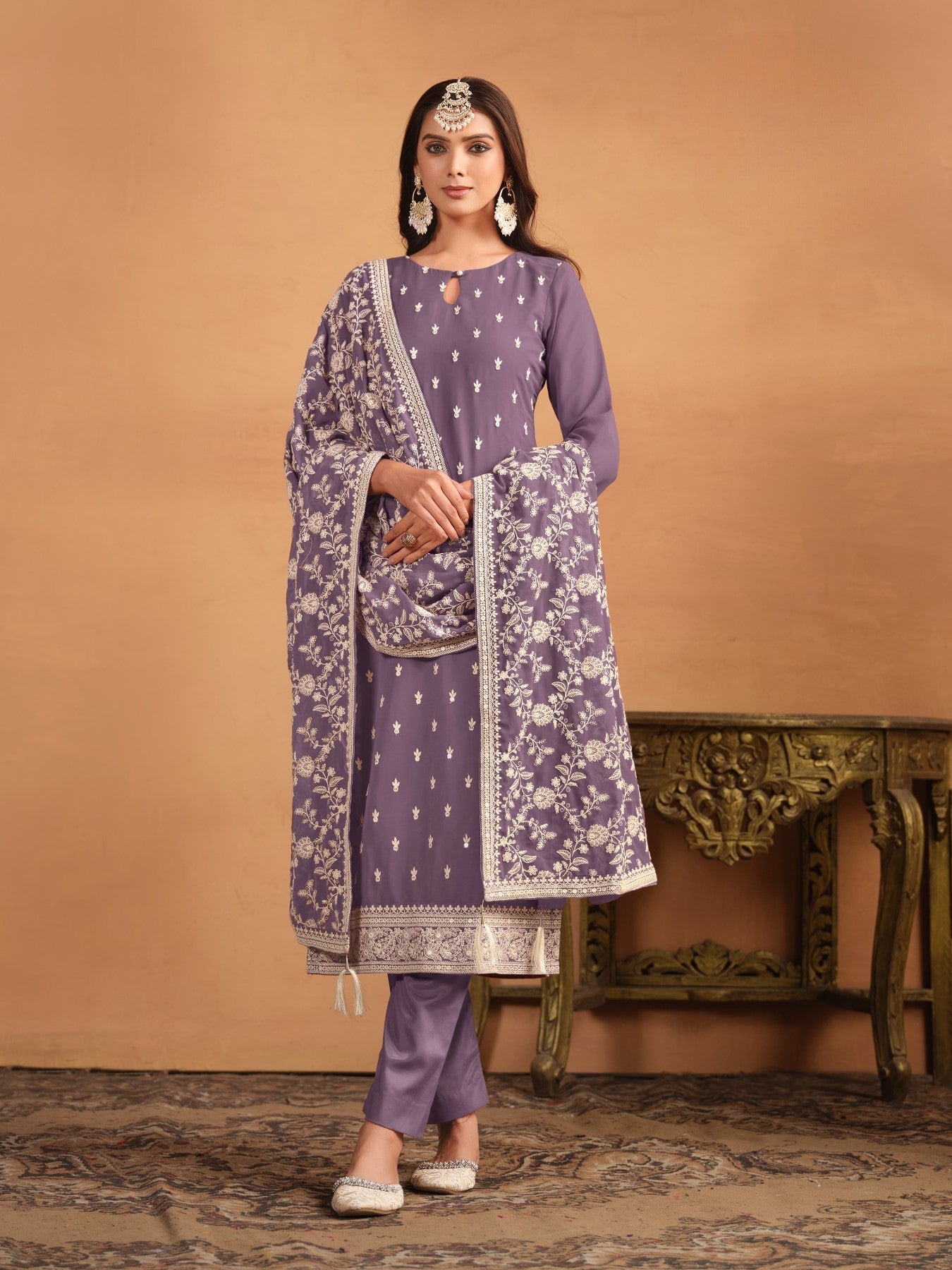 Anaita Lavender Embroidered Faux Georgette Salwar Suit | Grocsy