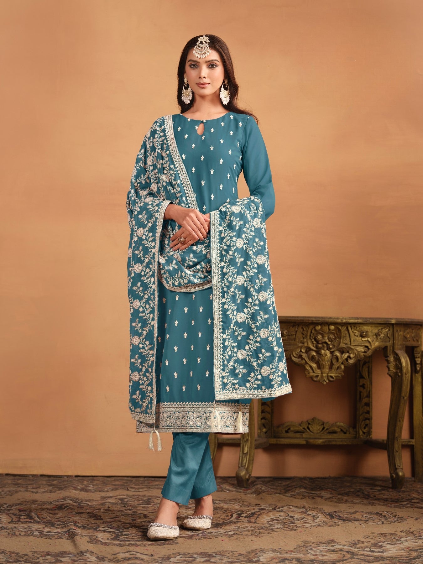 Anaita Teal Embroidered Faux Georgette Salwar Suit | Grocsy