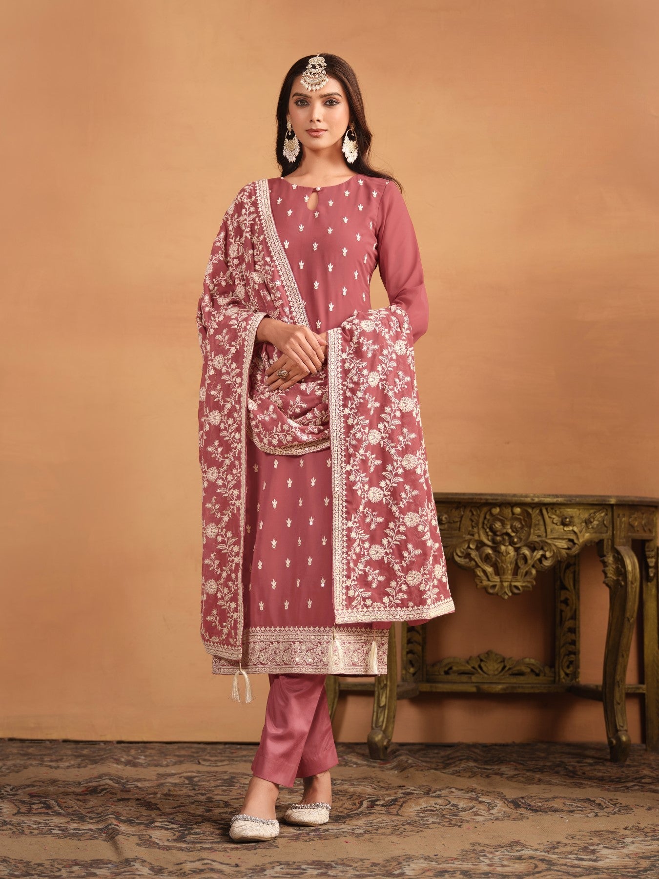 Anaita Brown Embroidered Faux Georgette Salwar Suit | Grocsy