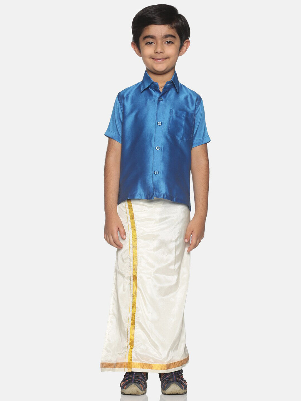 Sethukrishna Boys Blue & White Shirt with Veshti Set (GENIE-67846) | Grocsy