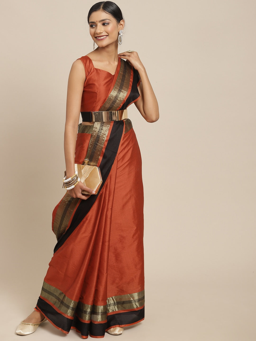 Saree Mall Rust & Gold-Toned Woven Design Silk Blend Uppada Sarees | Grocsy