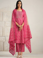 Sangria Red Floral Printed Gotta Patti Pure Cotton Kurta With Trouser & Dupatta | Grocsy