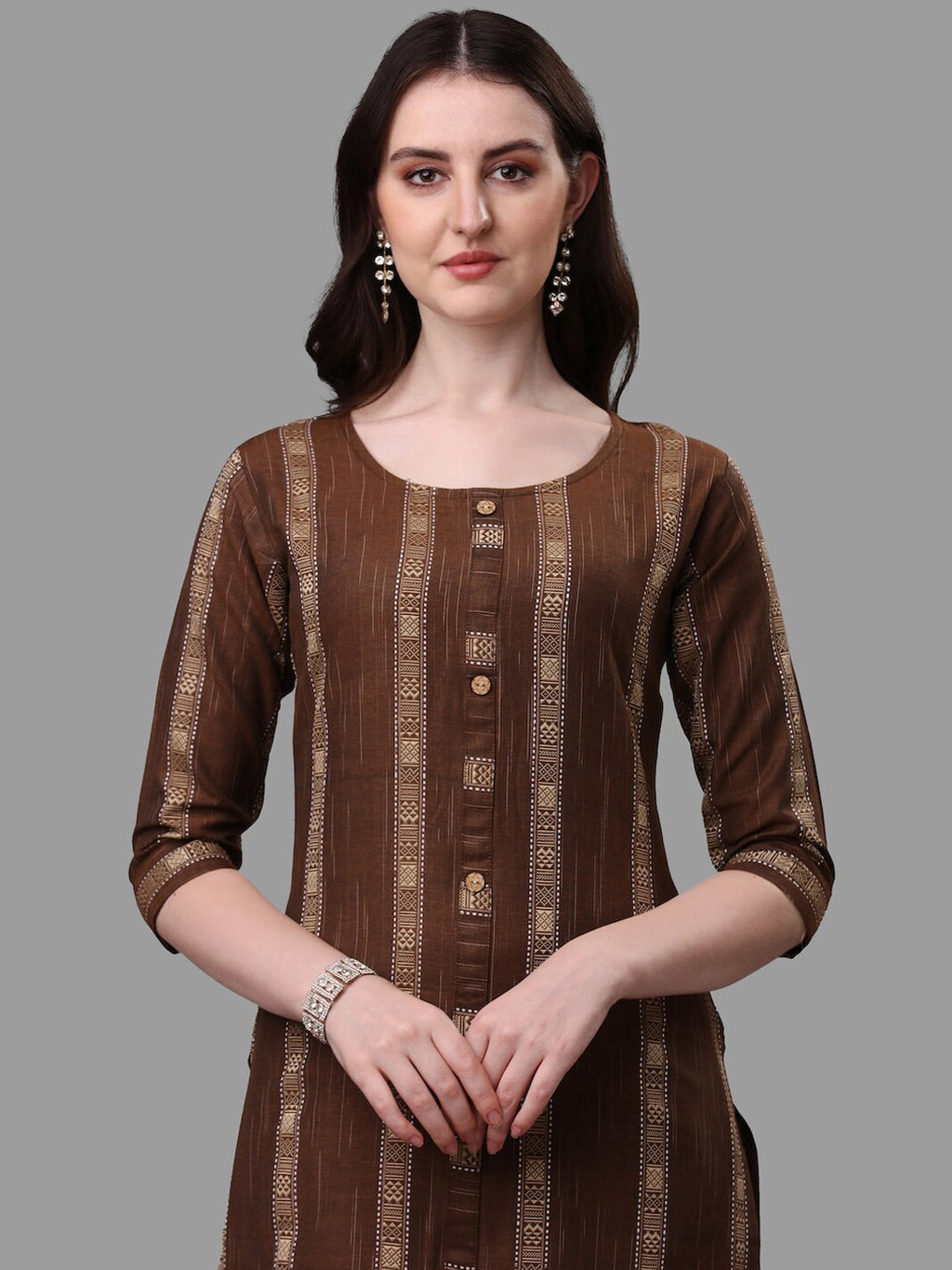 HERE&NOW Brown Striped Regular Pure Cotton Kurta With Trousers & Dupatta | Grocsy