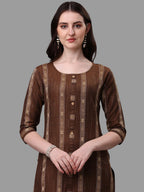 HERE&NOW Brown Striped Regular Pure Cotton Kurta With Trousers & Dupatta | Grocsy