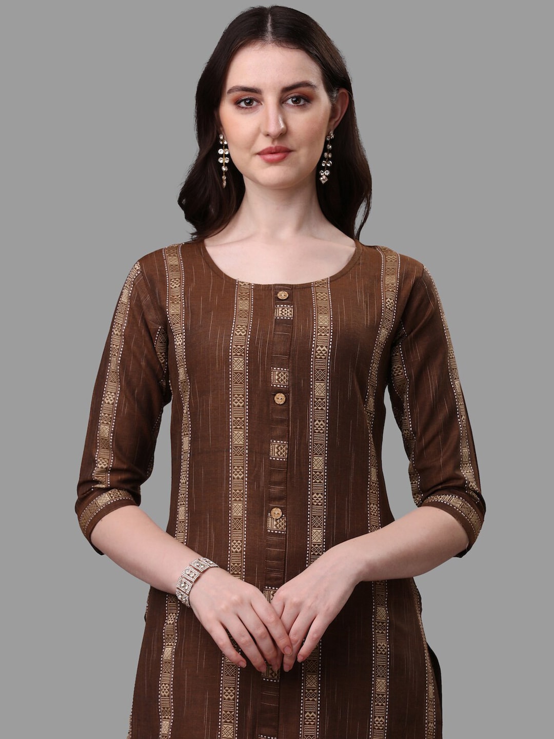 HERE&NOW Brown Striped Regular Pure Cotton Kurta With Trousers & Dupatta | Grocsy