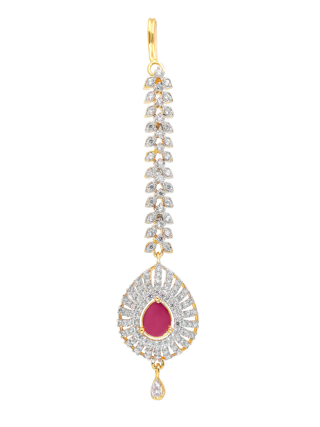 Yellow Chimes Women Gold-Polished American Diamond Pink & White Studded Handcrafted Maang Tikka | Grocsy