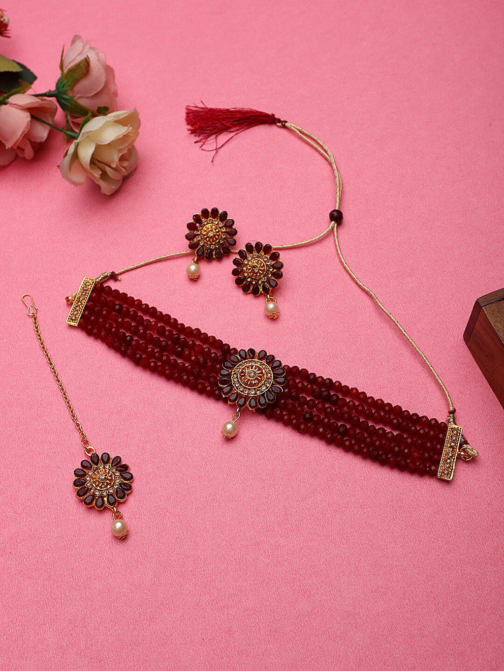 Cardinal Gold-Polished Maroon Onyx-Studded & Beaded Jewellery Set | Grocsy