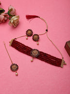 Cardinal Gold-Polished Maroon Onyx-Studded & Beaded Jewellery Set | Grocsy