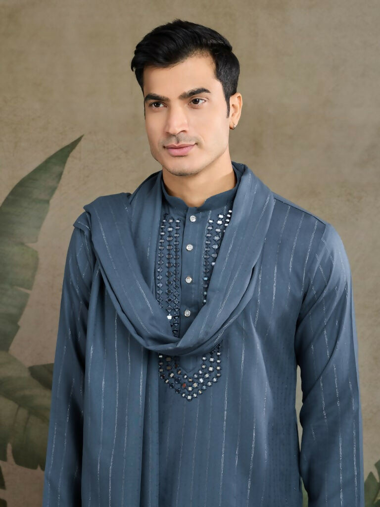 Vastranavya Blue Grey Exclusive Viscose Rayon Festival Wear Real Mirror Work Kurta with Dupatta | Grocsy