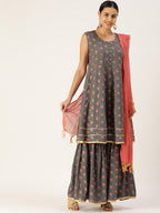 HERE&NOW Women Grey & Peach-Colored Floral Printed Kurta With Sharara With Dupatta | Grocsy