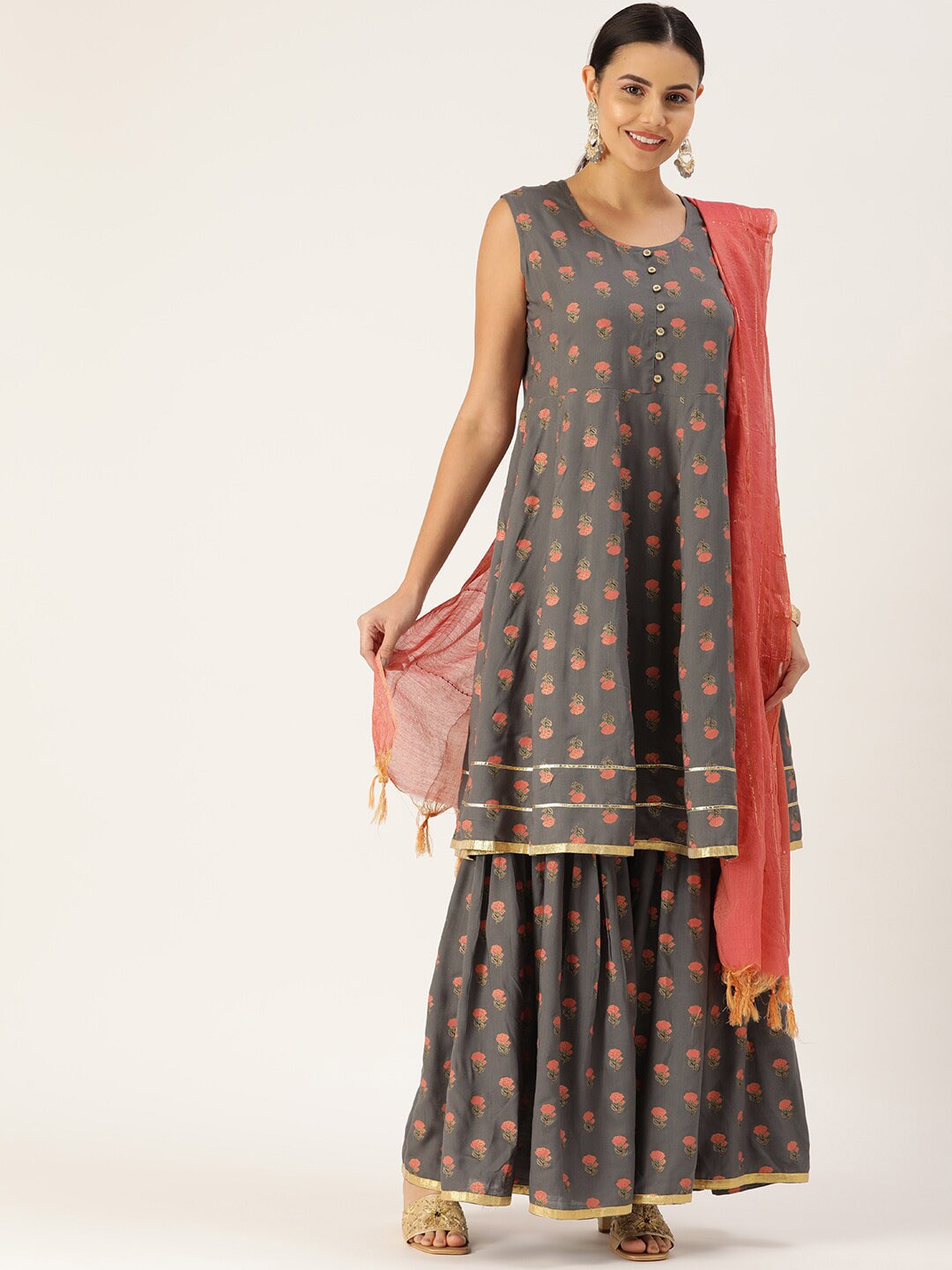 HERE&NOW Women Grey & Peach-Colored Floral Printed Kurta With Sharara With Dupatta | Grocsy