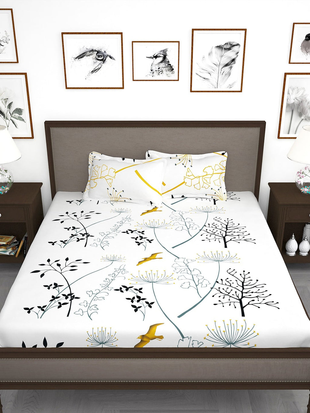 Story@home White & Blue Floral King Bedsheet with 2 Pillow Covers | Grocsy