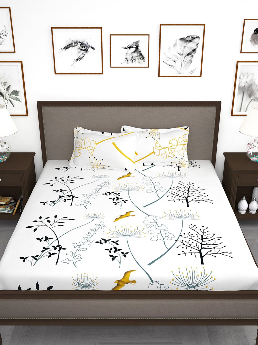 Story@home White & Blue Floral King Bedsheet with 2 Pillow Covers | Grocsy