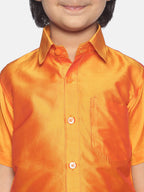 Sethukrishna Boys Orange & White Solid Shirt with Pure Cotton Dhoti Set | Grocsy
