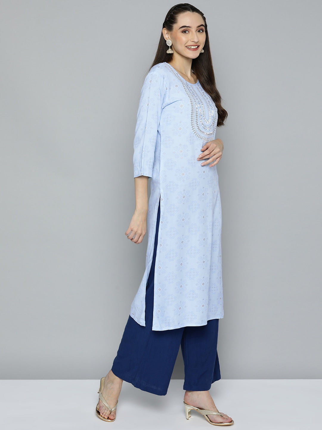 HERE&NOW Women Blue Ethnic Motifs Printed Embroidered Sequin Detail Kurta | Grocsy