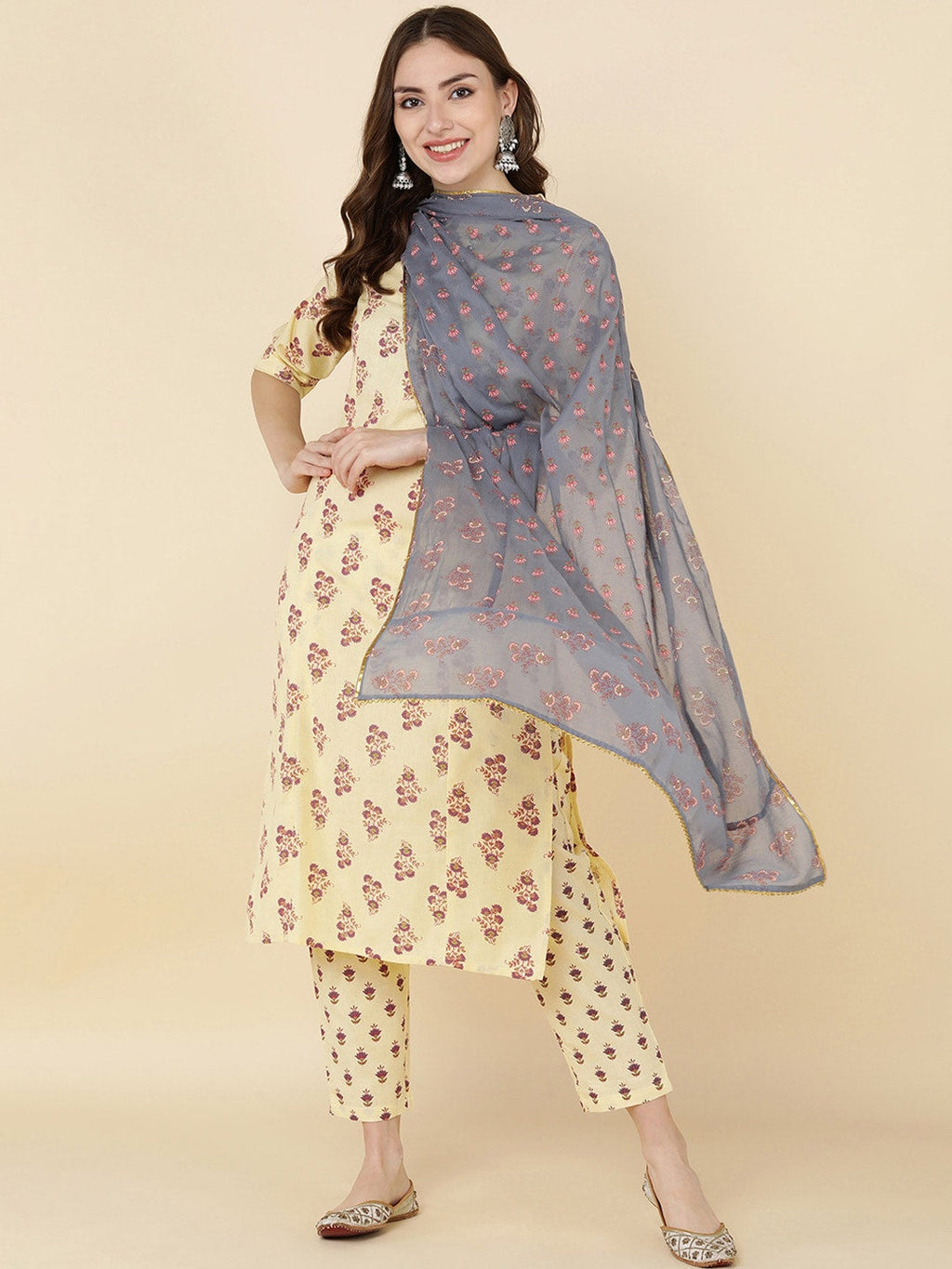 HERE&NOW Women Mustard Yellow Ethnic Motifs Printed Kurta with Trousers & With Dupatta | Grocsy