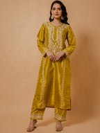 HOUSE OF KARI Floral Embroidered Silk Chikankari Kurta | Grocsy