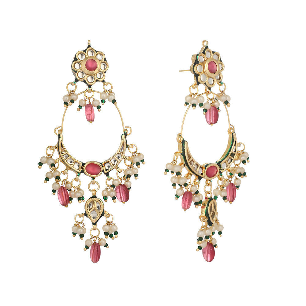Nuyug 22K Gold Plated Crescent Kundan Drop Pink Stone Chandbali Earrings | Grocsy