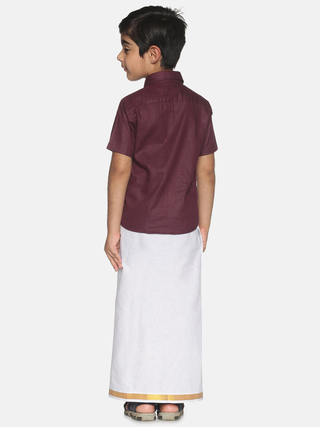 Sethukrishna Boys Maroon & White Pure Cotton Solid Shirt and Dhoti Set | Grocsy