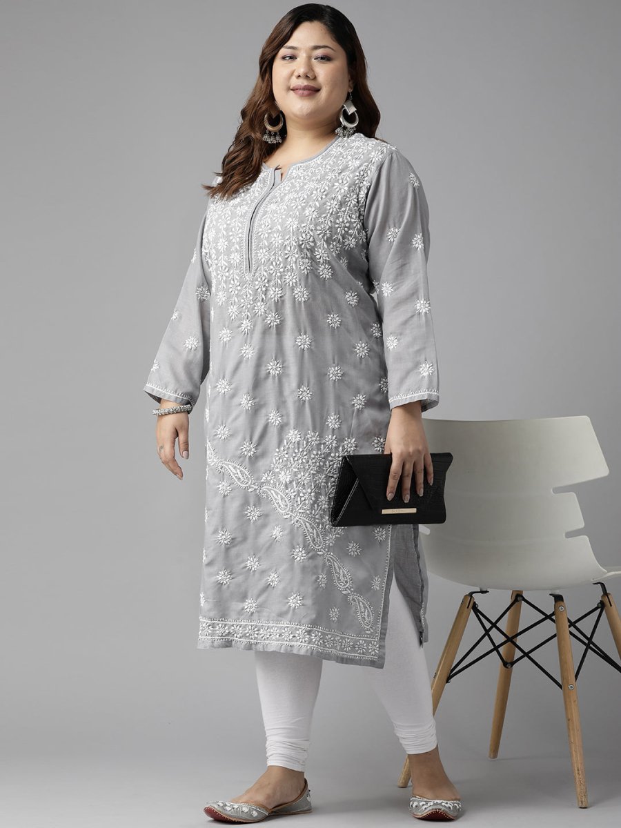 ADA Women Plus Size Grey Floral Embroidered Chikankari Kurta | Grocsy