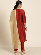 All About You Women Maroon & Golden Embroidered Regular Kurta with Trousers & Dupatta | Grocsy