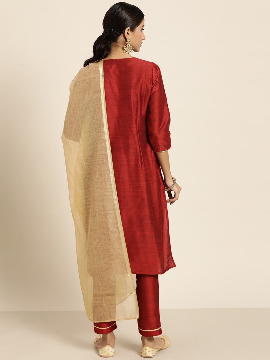 All About You Women Maroon & Golden Embroidered Regular Kurta with Trousers & Dupatta | Grocsy
