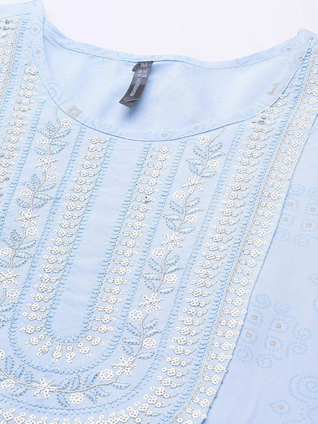 HERE&NOW Women Blue Ethnic Motifs Printed Embroidered Sequin Detail Kurta | Grocsy